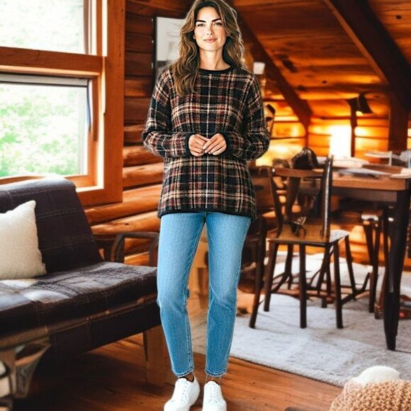 Vintage Mohair Blend Plaid Sweater XL Brown Oversized Boxy Academia Grandpa 80s - Picture 15 of 16